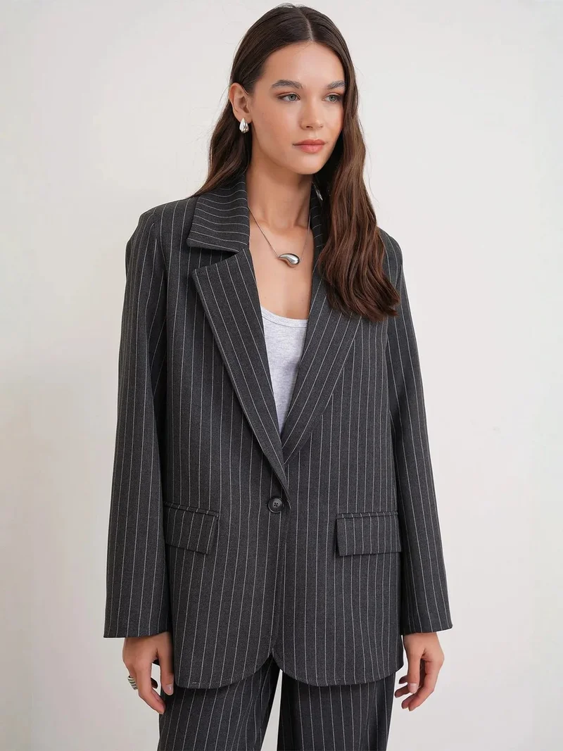 MixRay Charcoal Grey MIXRAY Striped Oversize Blazer for Women | Best Price UAE
